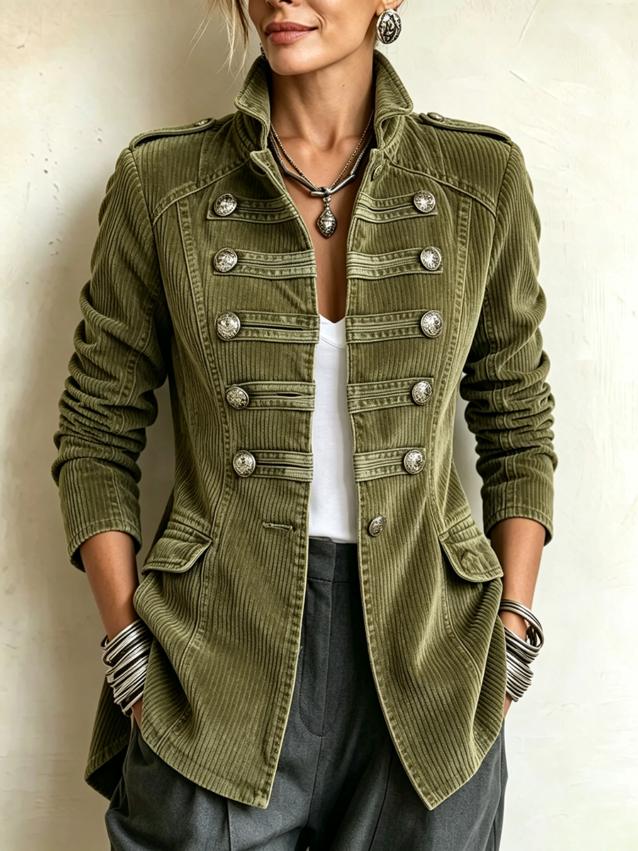 Chic Military-style Olive Green Corduroy Jacket