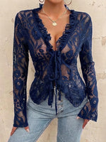 Long-sleeve Lace Shirt With V-neck And Tie-front Detail