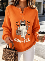 Chic Orange Ghost Graphic Button-up Knit Sweater.