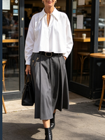 Elegant Pleated White Shirt And Grey Skirt Set