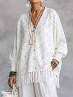 Cozy Fringed Shinny Beaded V-Neck Cardigan