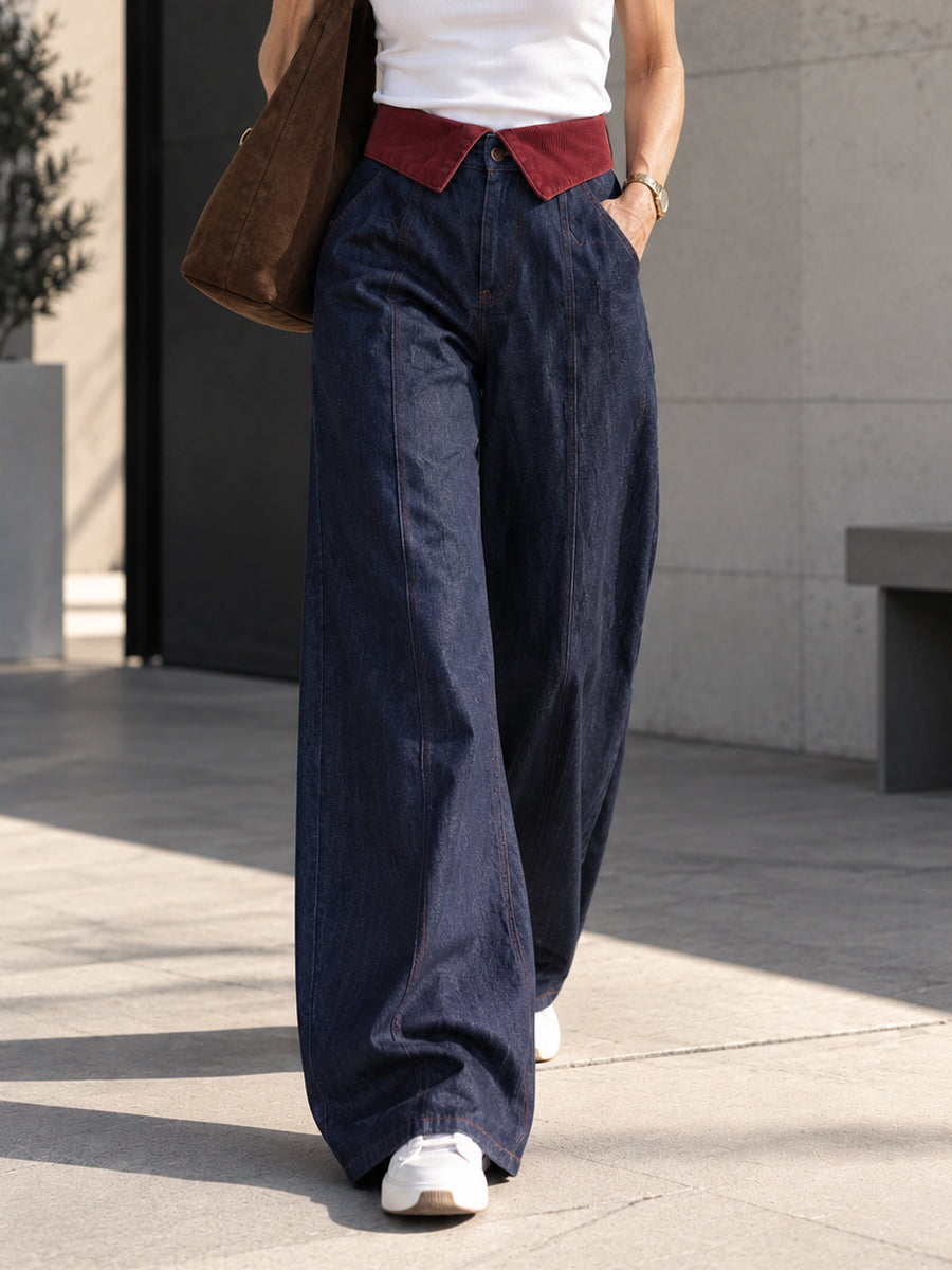 Casual Wide-leg Jeans With Color-block Waistband
