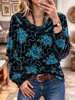 Women's Floral Velvet Draped Cowl Neck Overlay Blouse