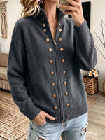 Women's Solid Color Stand-collar Long-sleeve Loose-fit Button-front Knit Cardigan