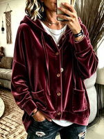 Women's Solid Color V-neck Long-sleeve Casual Loose Hooded Velour Cardigan