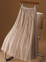 Glamorous And Elegant Sequin Tulle Midi Skirt With A Stretchy Elastic Waistband.
