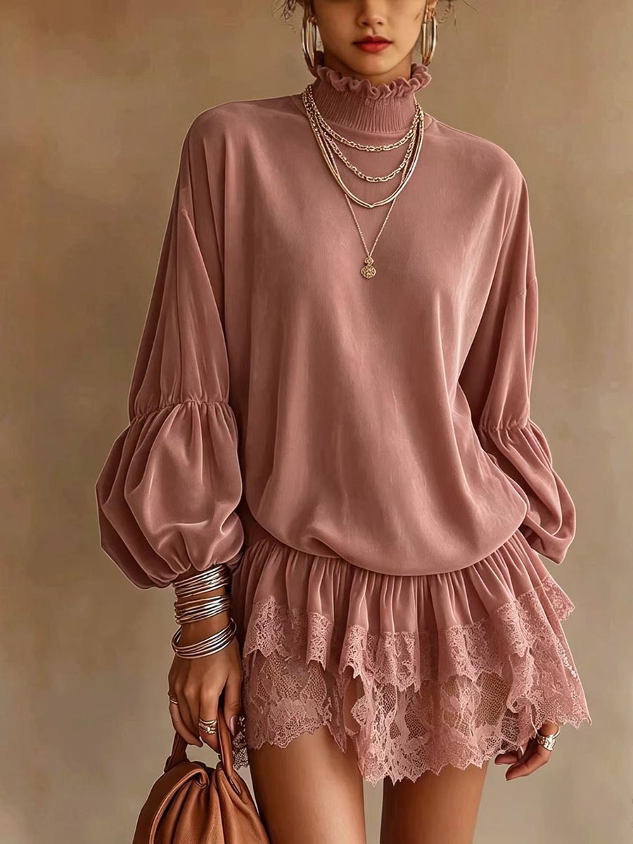 Women's Mock Neck Lantern Sleeve Tunic Top with Lace Patchwork Hem