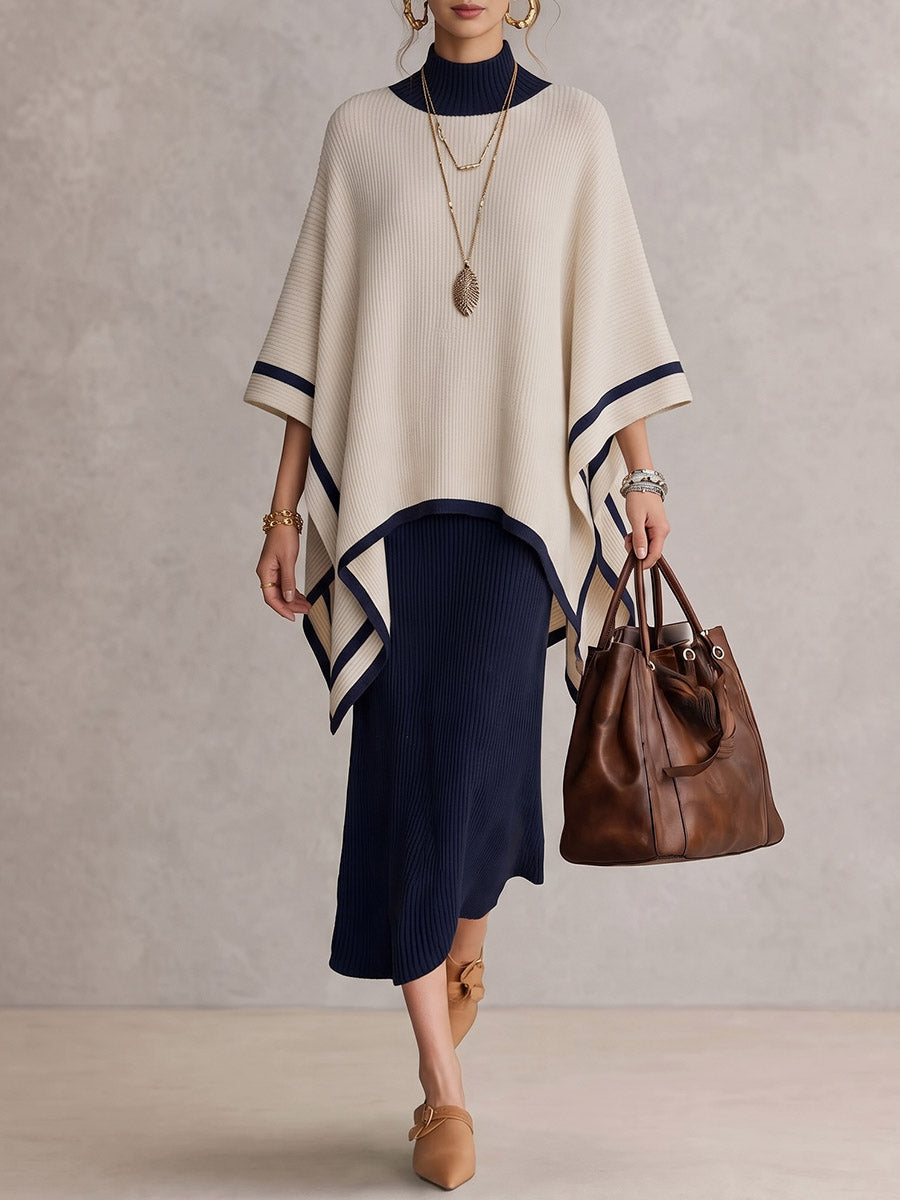 Women's Casual Loose Cape-style Dress Set (round Neck, 3/4 Sleeves) & Slim-fit Long-sleeve Dress (stand Collar)