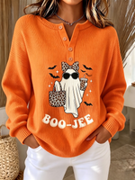 Chic Orange Ghost Graphic Button-up Knit Sweater.
