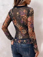 Women's Mesh Floral Leopard Print V-Neck Button Front Shirt