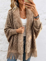 Women's Faux Mink Fur Knit Cardigan – Long-sleeve, Loose-fit, Leopard Print With Tassels
