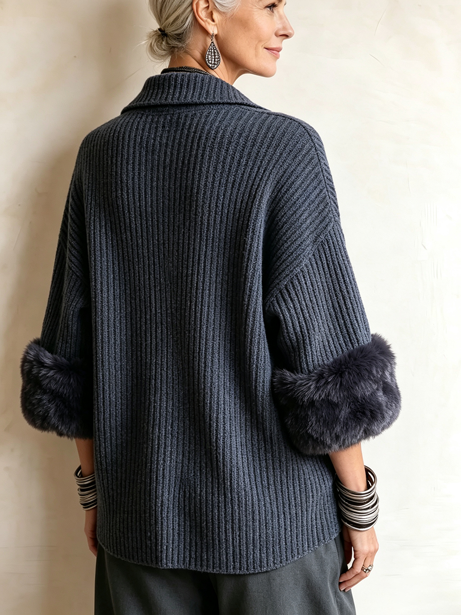 Cozy Ribbed Fur-trimmed Knitted Cardigan