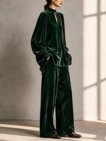 Vintage-style Dark Green Velvet Two-piece Set (top And Wide-leg Trousers)