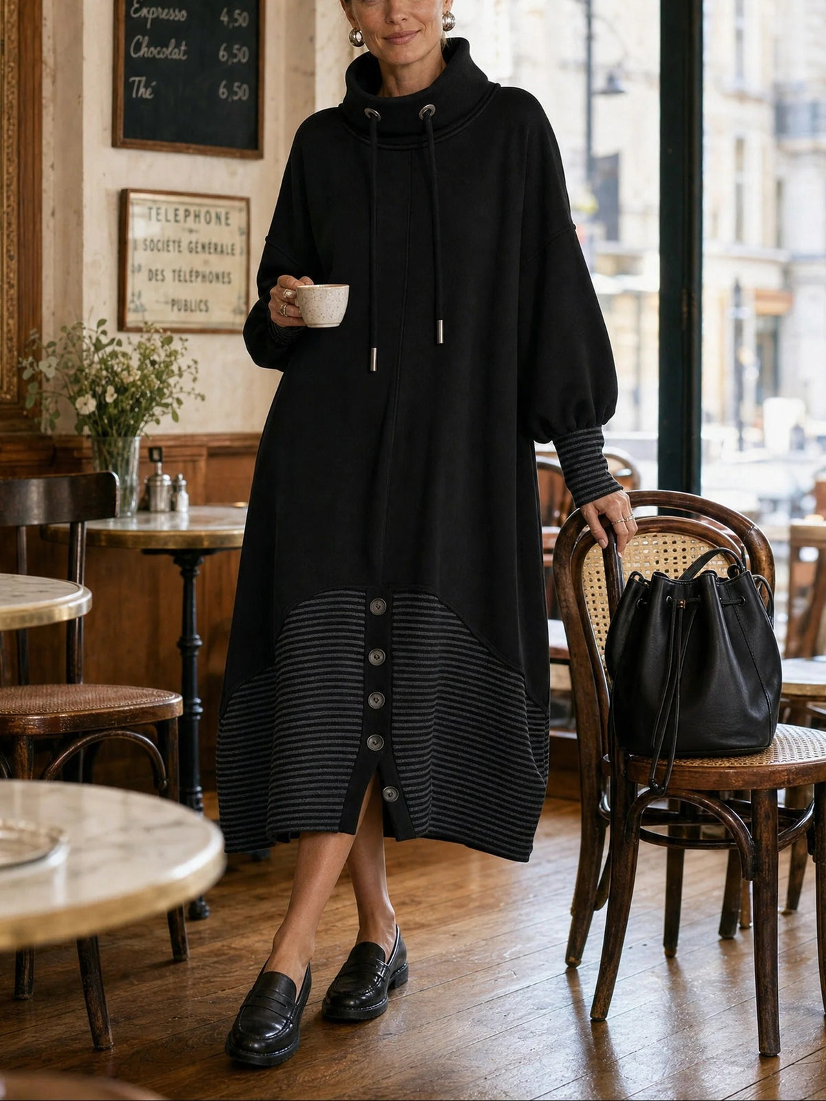 Casual Striped Color-block Long Sweatshirt Dress With A High Neck