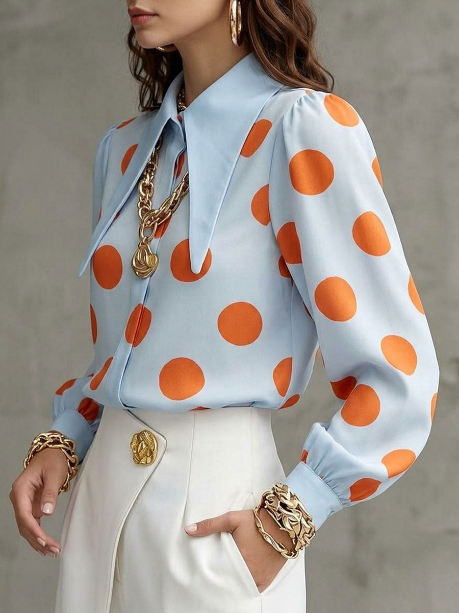 Women's Vintage Lapel Polka-dot Print Loose Casual Shirt